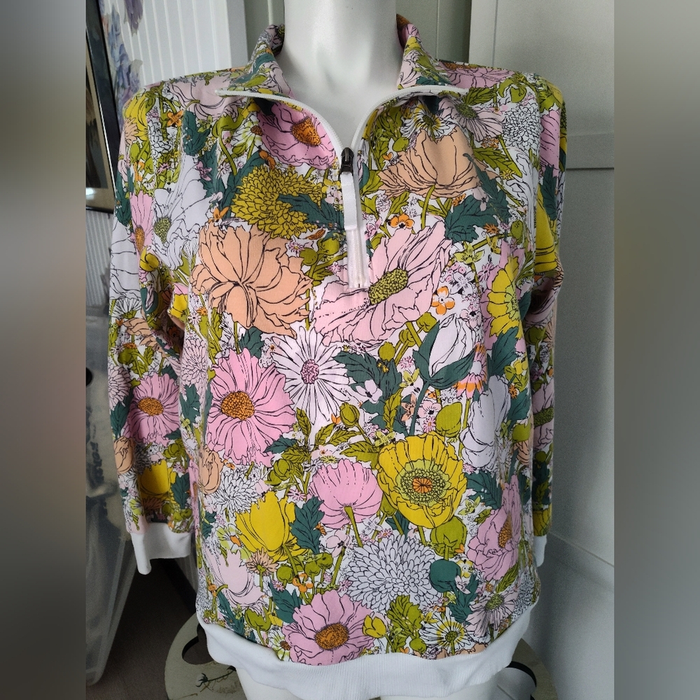 Vera Bradley French Terry Pocket Pullover Quarter Zip Bloom Boom White Sz 2X EUC